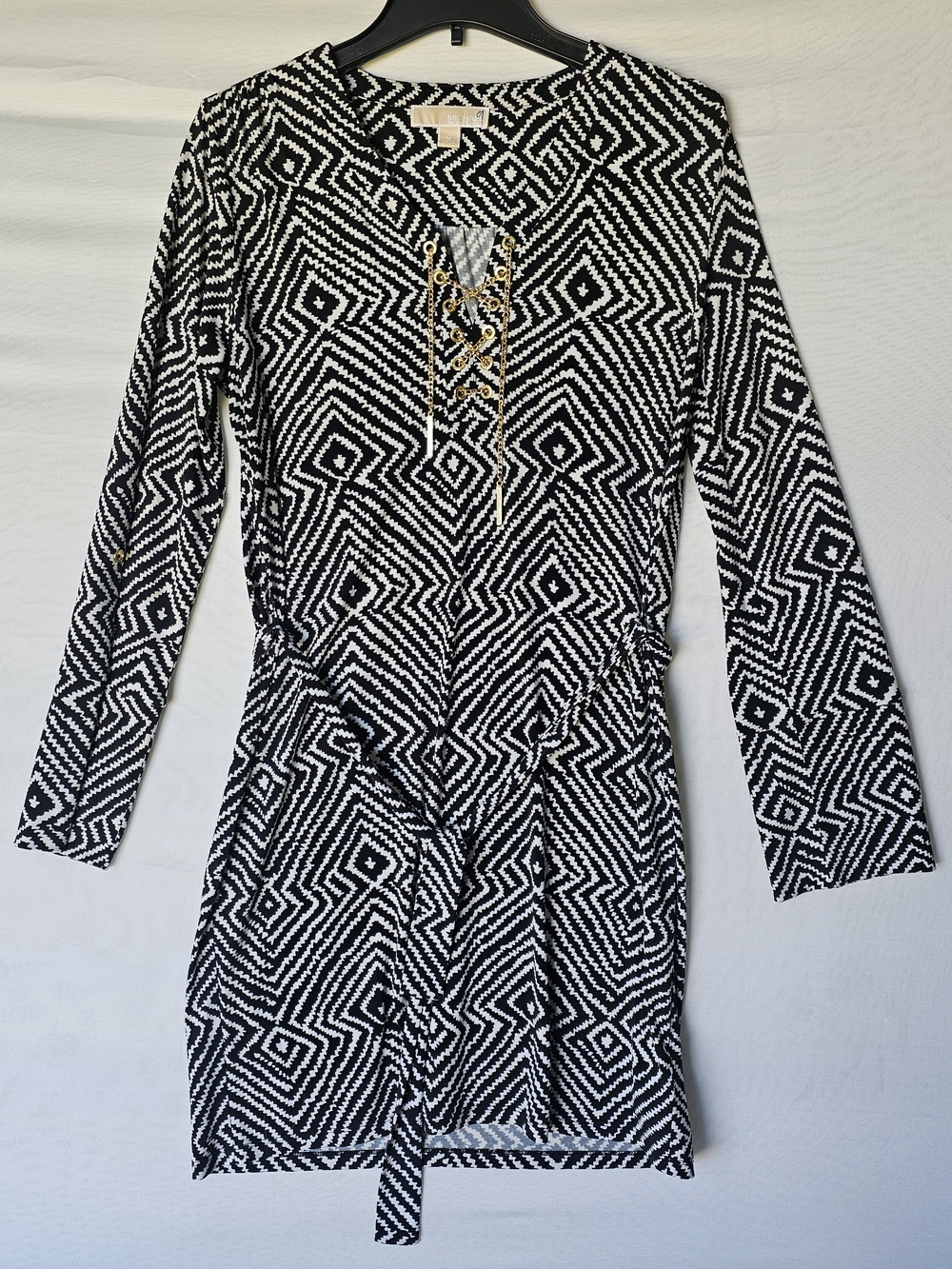 MICHAEL Michael Kors Black and White Geometric Lace-Up Long Sleeve Dress - Picture 2 of 16